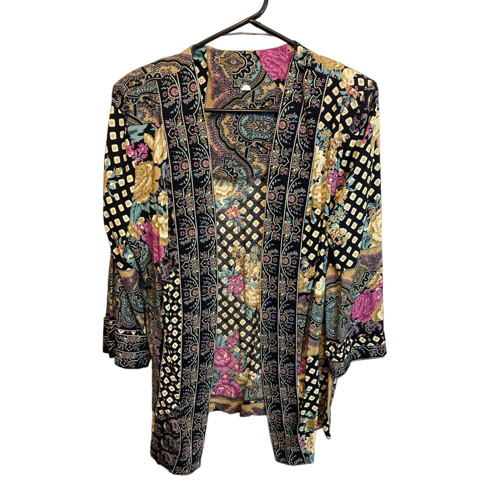 Vintage 80's Abstract Open Cardigan Shawl Kimono Bright Pattern Size 12